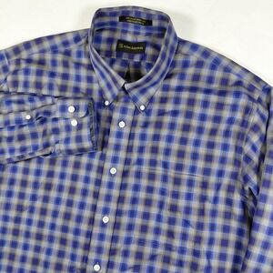 Allen Edmonds Mens‎ Blue Gray Plaid Button Down Shirt Long Sleeve XL 100 Cotton